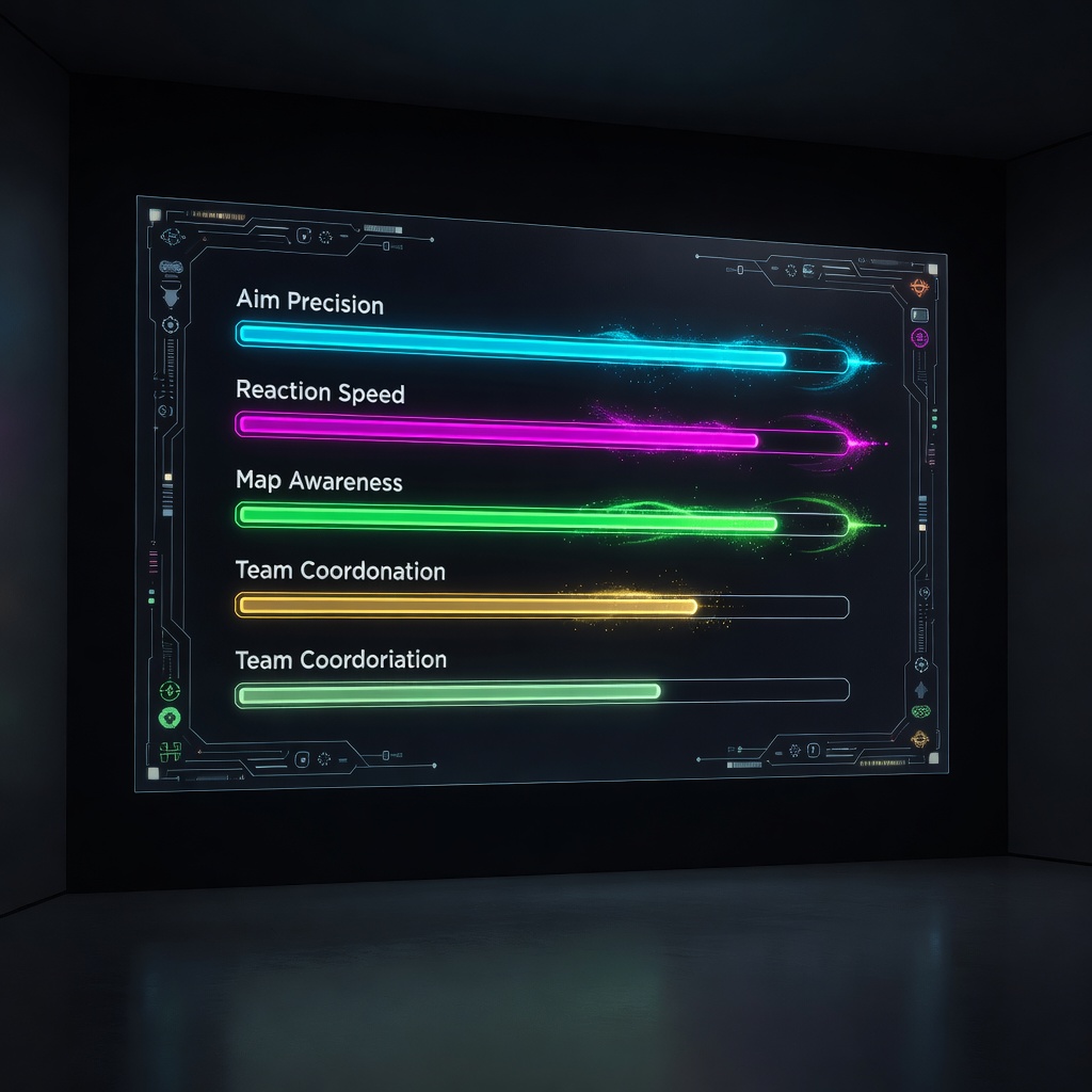 Illustration of an esports training module dashboard with skill progress bars